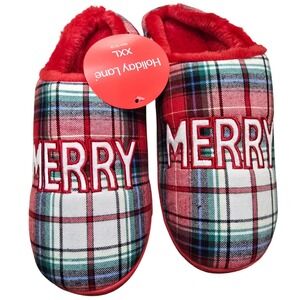 Holiday Lane Mens Merry Plaid Slippers Red Green Tartan Faux Fur XXL 12-13 NEW
